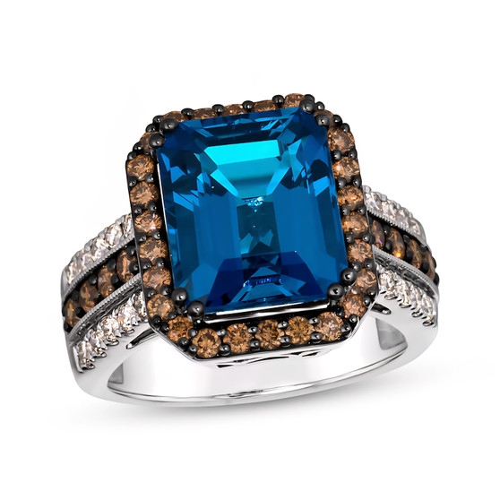 front view of london blue topaz brown and white diamond halo ring in 14k white gold