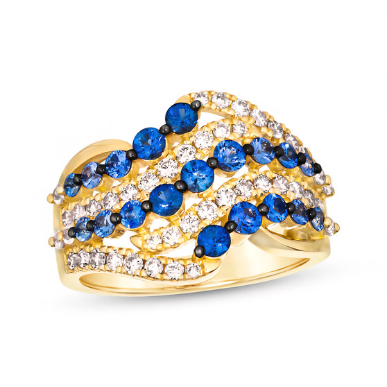 shades of blue sapphire and diamond multi-row wave band ring 14k yellow gold