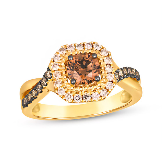 brown and champagne diamond cushion halo ring 14k yellow gold