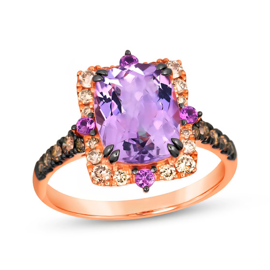 front view of amethyst and pink sapphire mixed brown diamond halo ring in 14k rose gold