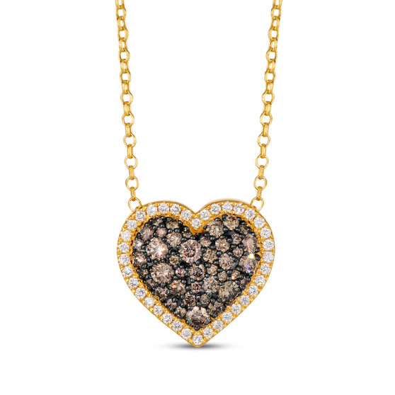 brown and white diamond heart pendant necklace in 14k yellow gold