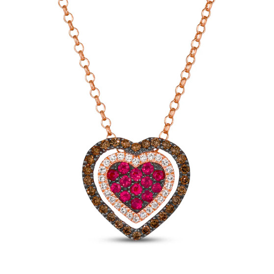 ruby brown and white diamond double halo heart pendant necklace in 14k rose gold