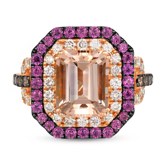 front view of morganite and emerald cut rhodolite garnet brown and white diamond emerald-cut halo ring in 14k rose gold