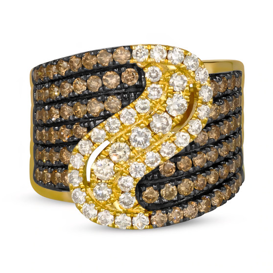 brown and white diamond wave band ring in 14k yellow gold with black rhodium