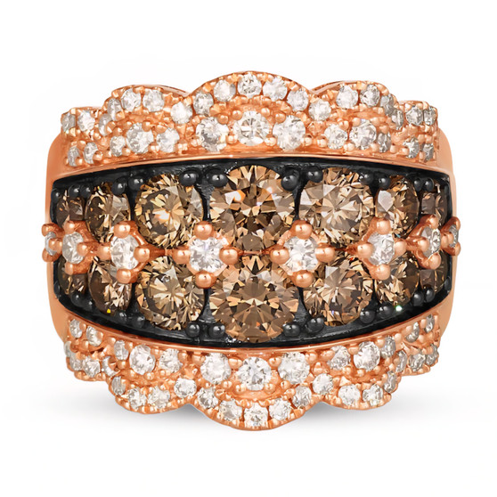 brown and white diamond wide band ring in 14k rose gold with black rhodium