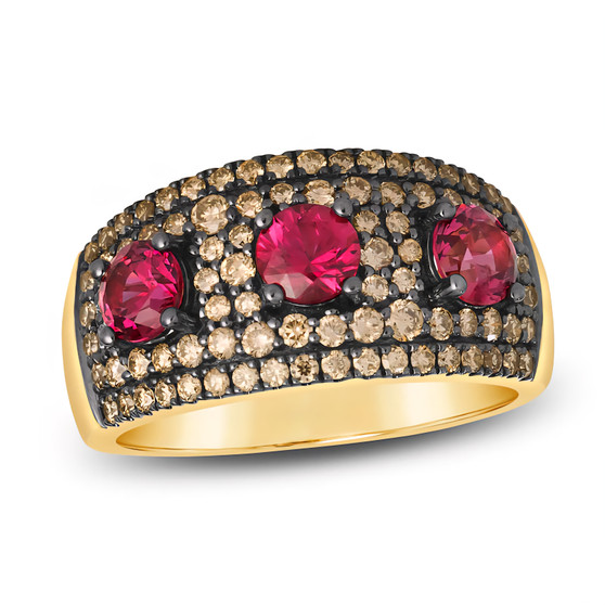 ruby and brown diamond cluster band ring in 14k yellow gold