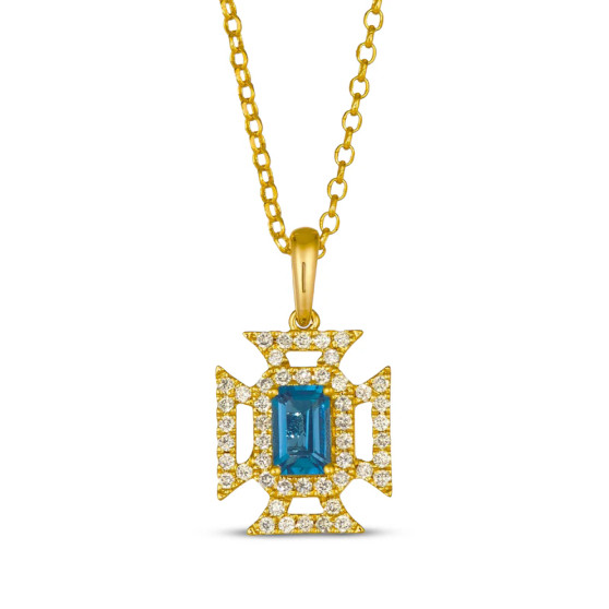 front view of london blue topaz and champagne diamond geometric pendant necklace in 14k yellow gold