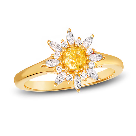 yellow diamond and white diamond cushion halo sunburst ring in 14k yellow gold