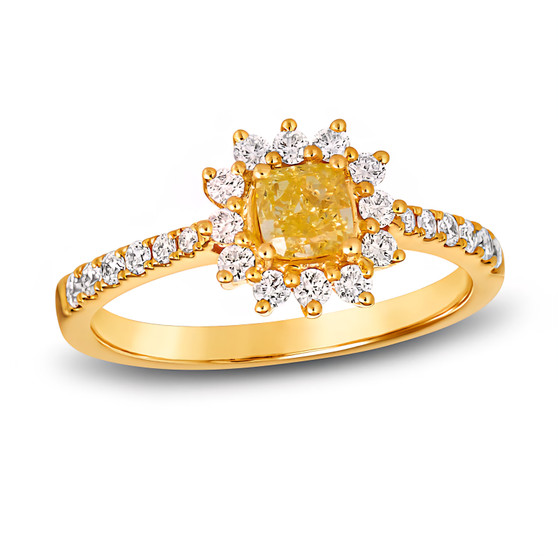 yellow diamond and white diamond halo cushion ring in 14k yellow gold