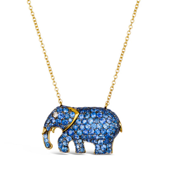 blue sapphire and diamond elephant pendant necklace in 14k yellow gold