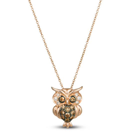 owl pendant with brown and white diamonds in 14k rose gold