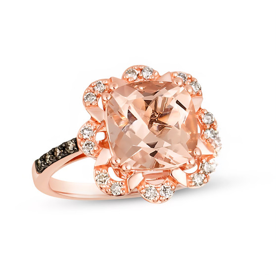 morganite white and brown diamond cushion halo ring in 14k rose gold