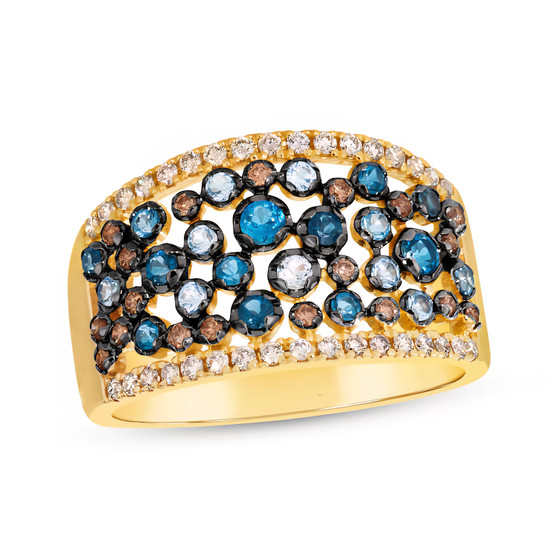 front view of three-tone blue topaz brown and champagne diamond cluster ring in 14k yellow gold