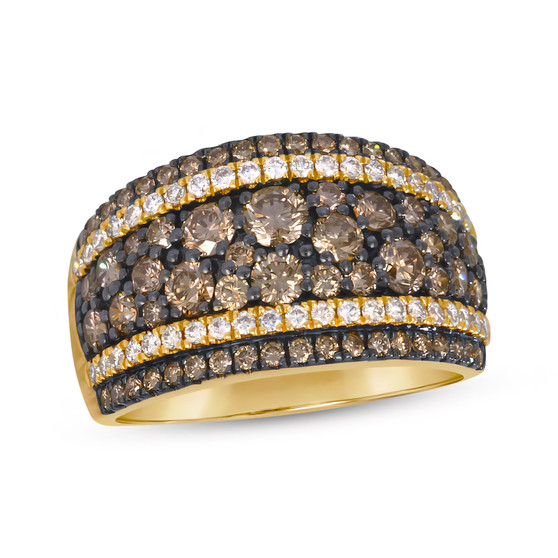 brown and white diamond wide band ring in 14k yellow gold