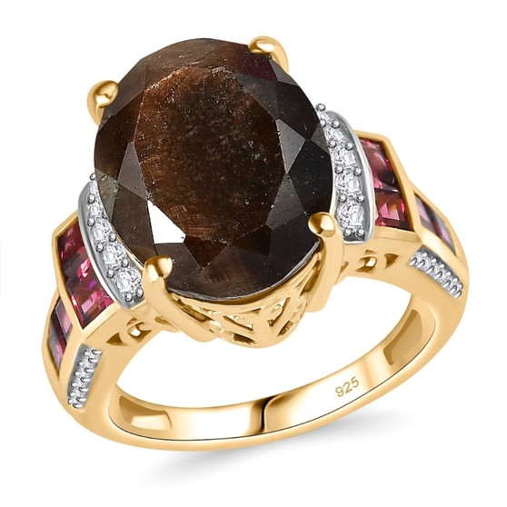 chocolate sapphire rhodolite and zircon ring in 18k yellow gold over sterling silver