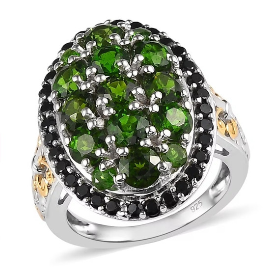 chrome diopside and black spinel oval cluster halo ring in 18k yellow gold and rhodium over sterling silver
