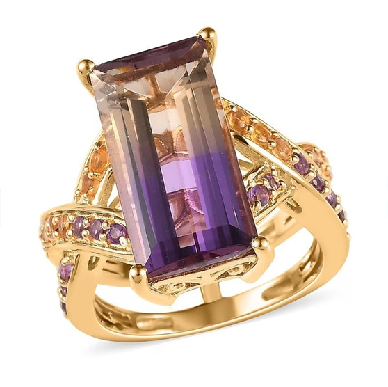 ametrine amethyst and citrine criss cross band ring in 18k yellow gold over sterling silver
