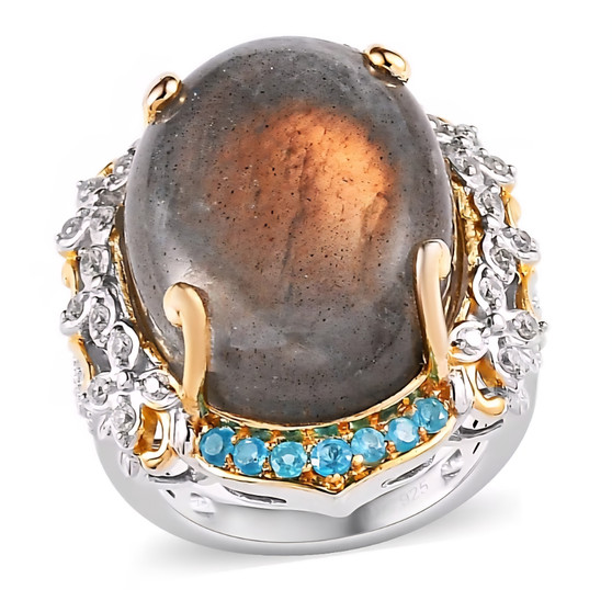 labradorite apatite and zircon cocktail ring in 18k yellow gold and rhodium over sterling silver