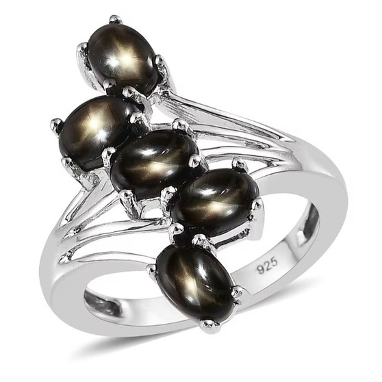 black star sapphire five stone ring in rhodium over sterling silver