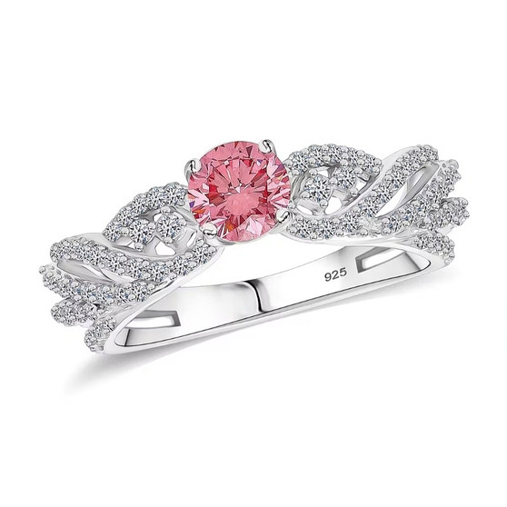 lab pink solitaire and white diamond wave ring in rhodium over sterling silver
