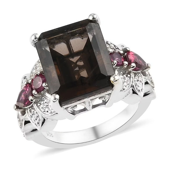 columbianite rhodolite and zircon ring in rhodium over sterling silver