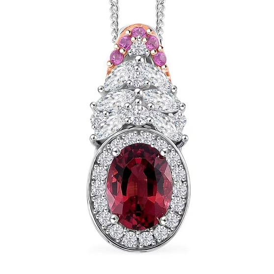 front view of rubellite tourmaline pink sapphire and zircon ornate halo pendant necklace in rhodium over sterling silver