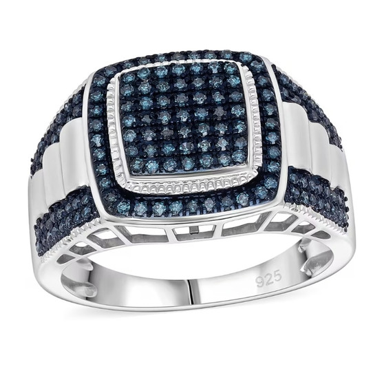 front view of blue diamond cluster gent’s ring with rolex-style shank in rhodium over sterling silver