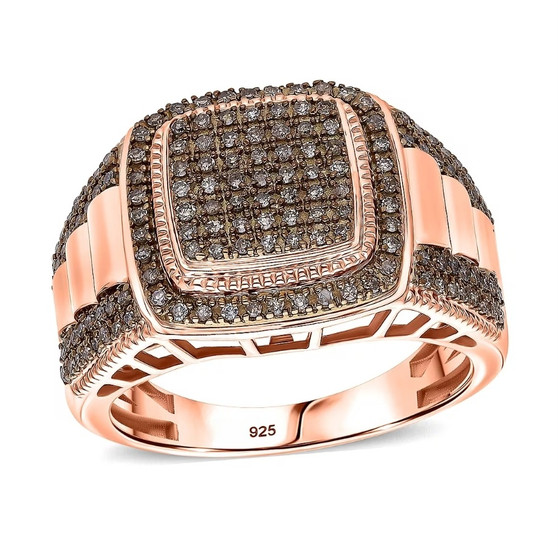 top view of champagne diamond cluster gent’s ring with rolex-style shank in 18k rose gold over sterling silver