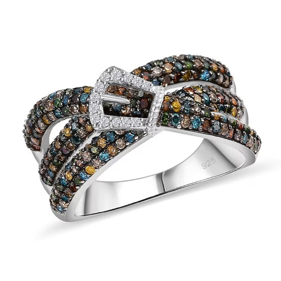 front view of multi-color diamond buckle crossover ring in rhodium over sterling silver