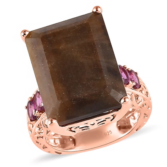 front view of chocolate sapphire and rhodolite emerald cut cocktail ring in 18k rose gold over sterling silver