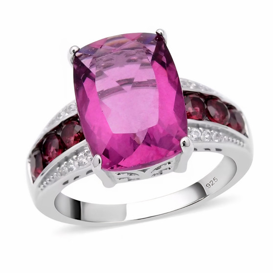 front view of pink fuorite rhodolite garnet and zircon ring in rhodium over sterling silver