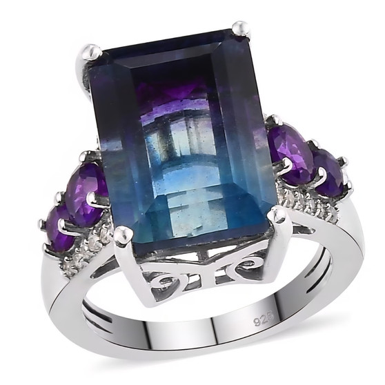 front view of rainbow fluorite emerald cut amethyst and zircon ring in rhodium over sterling silver