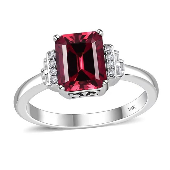 rubellite tourmaline and white diamond emerald cut 14k white gold ring front view