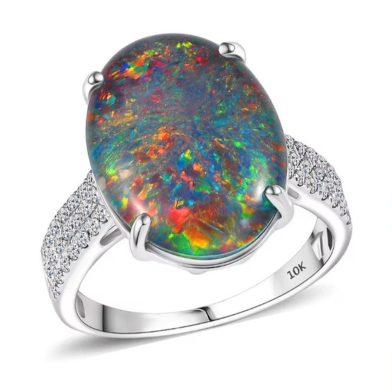 front view of australian boulder oval opal triplet and lab diamond ring in 10k white gold
