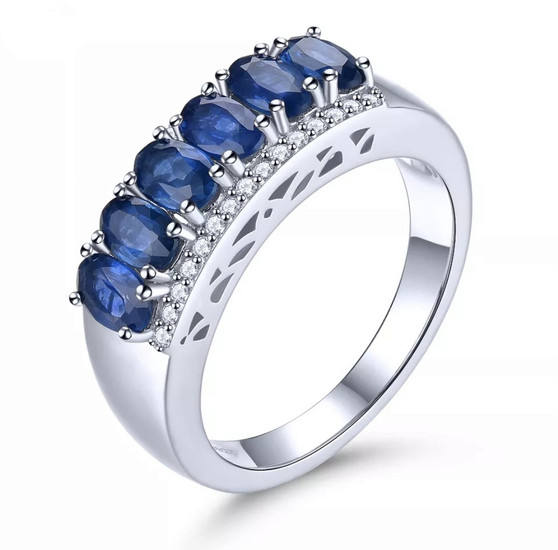 oval sapphire and white zircon band ring in rhodium over sterling silver