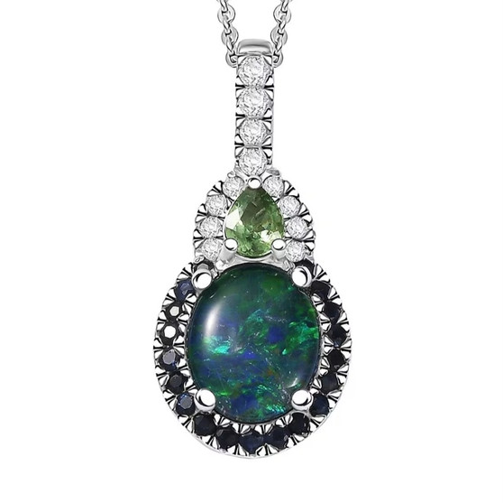 front view of australian boulder opal triplet and multi gem halo pendant necklace in rhodium over sterling silver