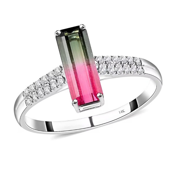 Watermelon tourmaline diamond ring with elongated emerald cut stone in 14k white gold