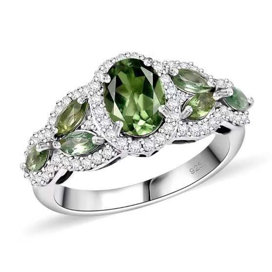 Front view of green apatite and white zircon ring in rhodium-plated sterling silver, professional studio lighting
