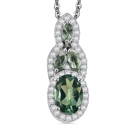 front view of green apatite and white zircon pendant necklace in rhodium over sterling silver