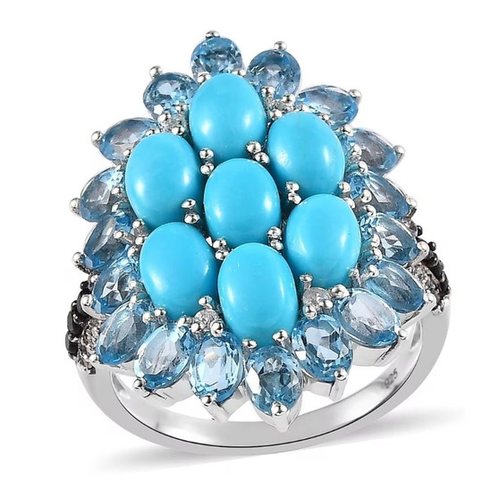 front view of turquoise blue faceted topaz and black spinel cluster ring in rhodium over sterling silver