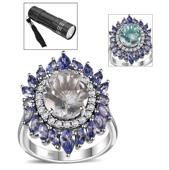 front view of hyalite opal tanzanite and zircon double halo ring in rhodium over sterling silver