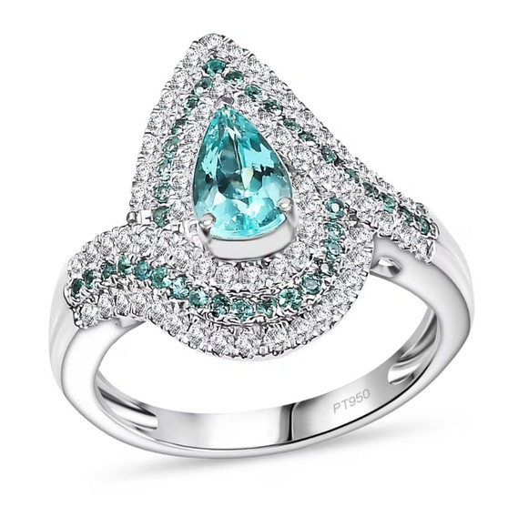 front view of paraiba tourmaline pear shaped and diamond pear bypass halo ring in 950 platinum