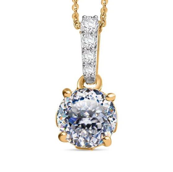 front view of 120 facet strontium titanate moissanite and sapphire pendant necklace in 18k yellow gold over sterling silver
