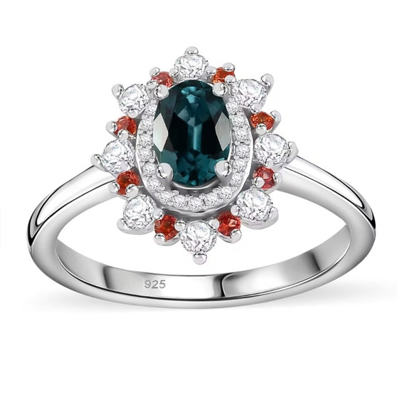 indicolite tourmaline padparadscha sapphire and moissanite halo ring in rhodium over sterling silver front view