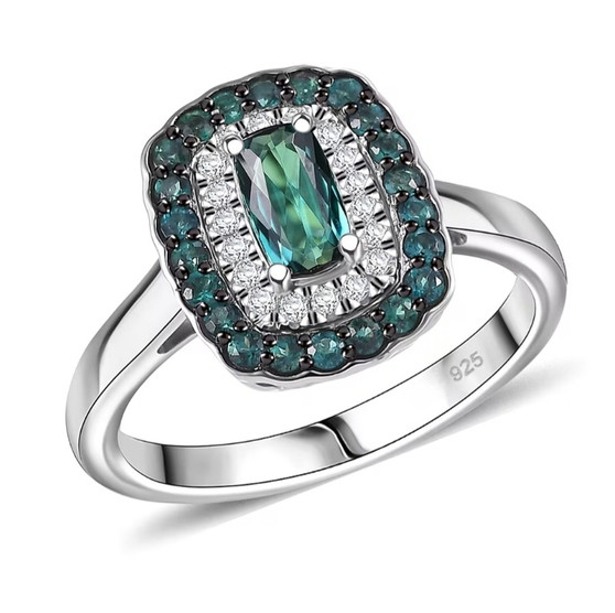 indicolite tourmaline double halo ring with moissanite accents set in rhodium over sterling silver front view