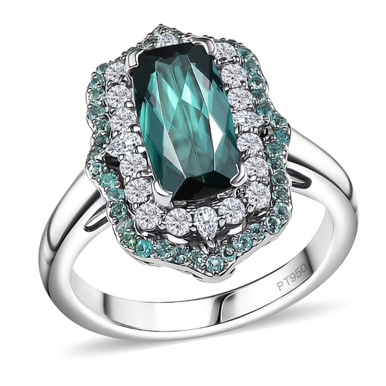 front view of indicolite tourmaline paraiba and diamond cushion double halo ring in 950 platinum