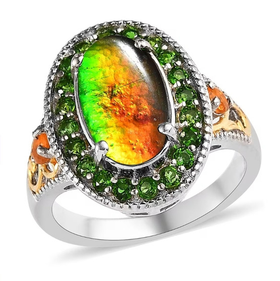 front view of ammolite fire cabochon opal and chrome diopside halo two-tone sterling silver ring