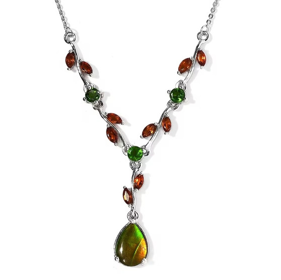 close up of ammolite madeira marquise citrine and chrome diopside y-drop necklace in rhodium over sterling silver 18-20"
