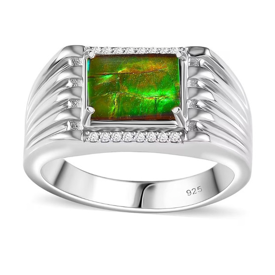 front view of ammolite and white zircon gents ring in rhodium over sterling silver