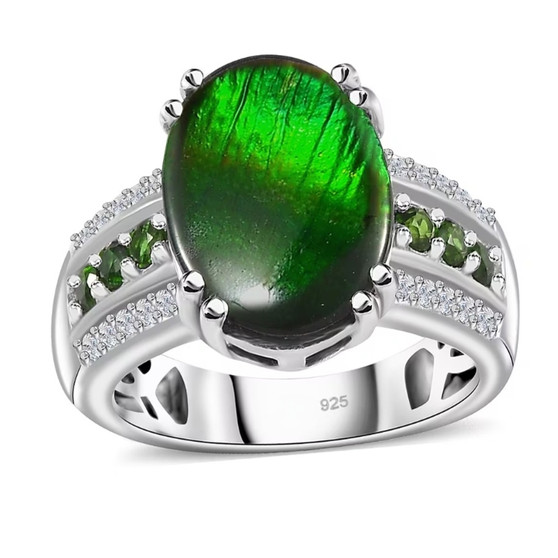 ammolite chrome oval diopside and white zircon ring in rhodium over sterling silver